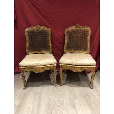 Pair Of Louis XV Armchairs Chairs In Golden Wood From XIX