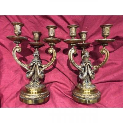 Pair Candelabra Candlestick Bronze Dore Napoleon III Period Louis XVI Style