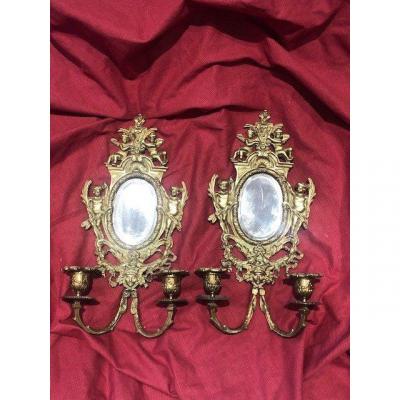 Pair Louis XVI Wall Lights 2 Bronze Mirror Lights Napoleon III XIX Eme