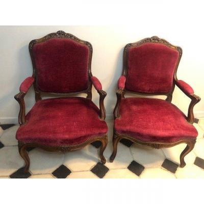 Pair Of Louis XV Style Armchairs In Walnut From XIX