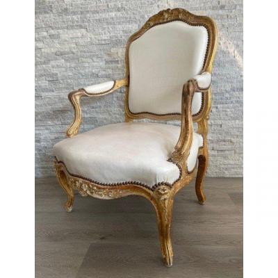 Louis XV White Leather Armchair Golden Wood XIX
