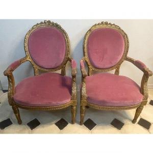 Pair Of Louis XVI Style Armchairs In Dore Wood Napoleon III Period