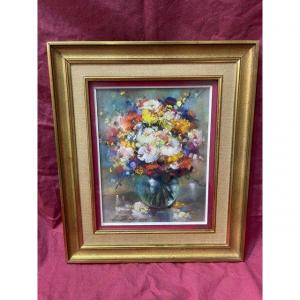 Pastel Painting Léa Chapon 1905-2000 Bouquet Of Flowers