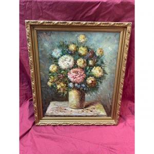 Table Oil On Canvas French School XIX Bouquet Of Flowers
