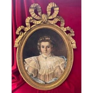 Table Oil On Canvas Portrait Young Woman Louis XVI Style XIX