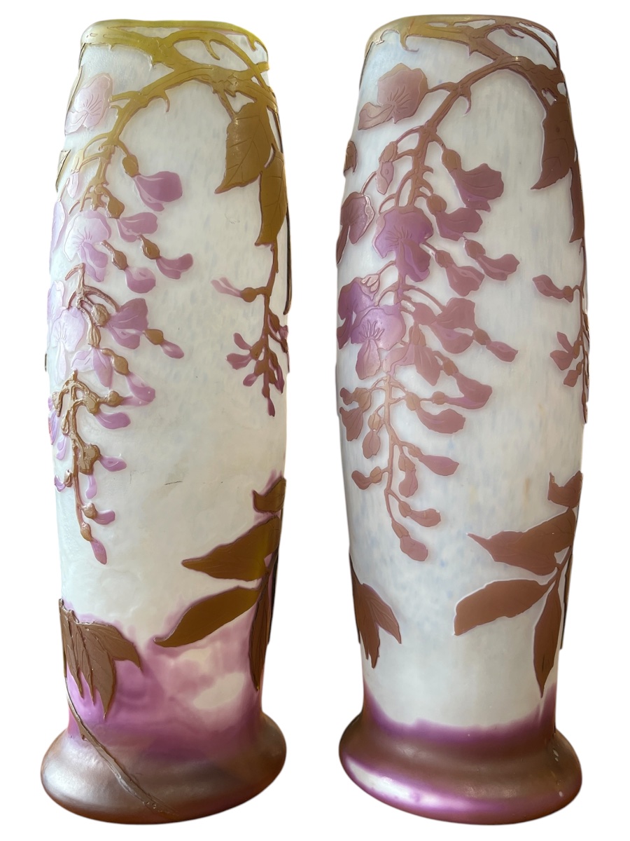Pair Of Art Nouveau Legras Vases With Wisteria