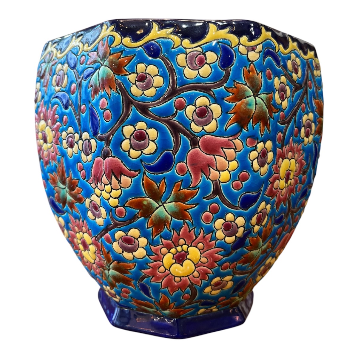Cache pot octogonal en Émaux de Longwy à décor floral
