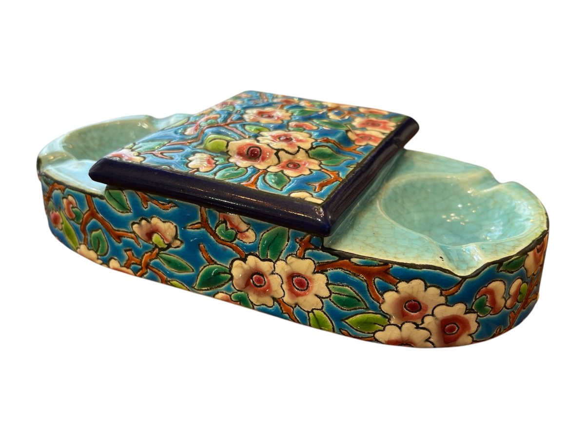 Longwy Enamel Cigarette Holder And Ashtray