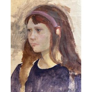 Auguste Desch - Portrait Of A Young Girl, Gouache And Watercolor