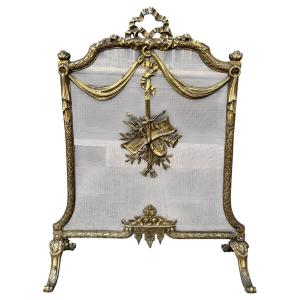 Pare feu écran de cheminé style Louis XVI en bronze doré