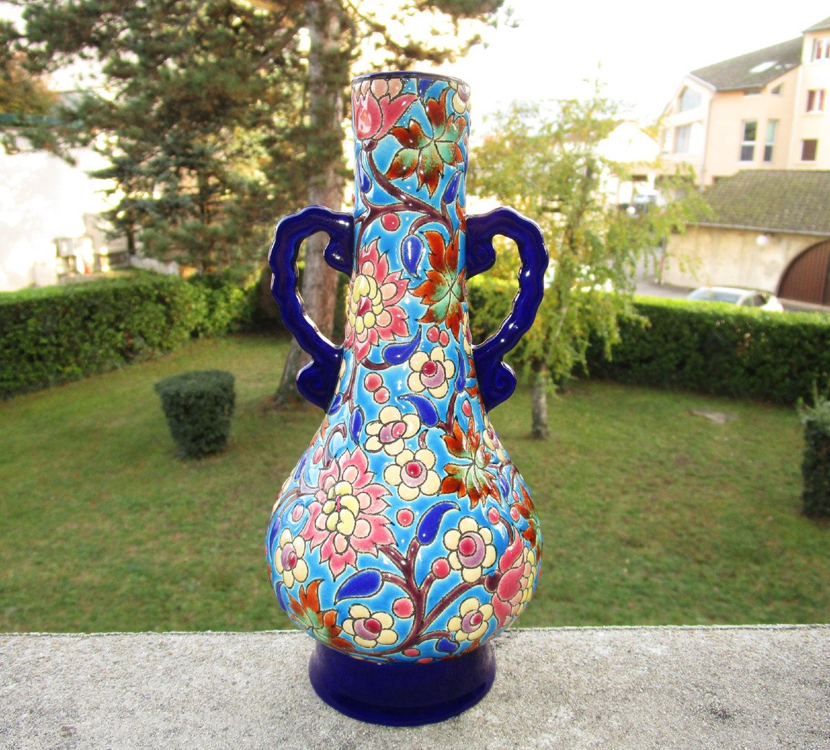 Ancien Superbe Vase à Anses En émaux De Longwy.  Hauteur : 21,5 Cm.-photo-2