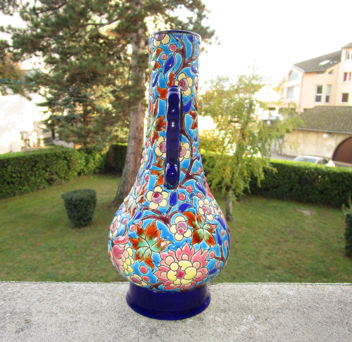 Ancien Superbe Vase à Anses En émaux De Longwy.  Hauteur : 21,5 Cm.-photo-3