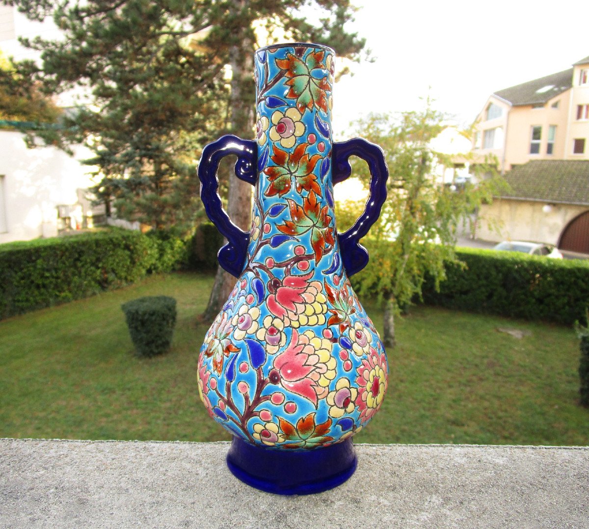 Ancien Superbe Vase à Anses En émaux De Longwy.  Hauteur : 21,5 Cm.-photo-4