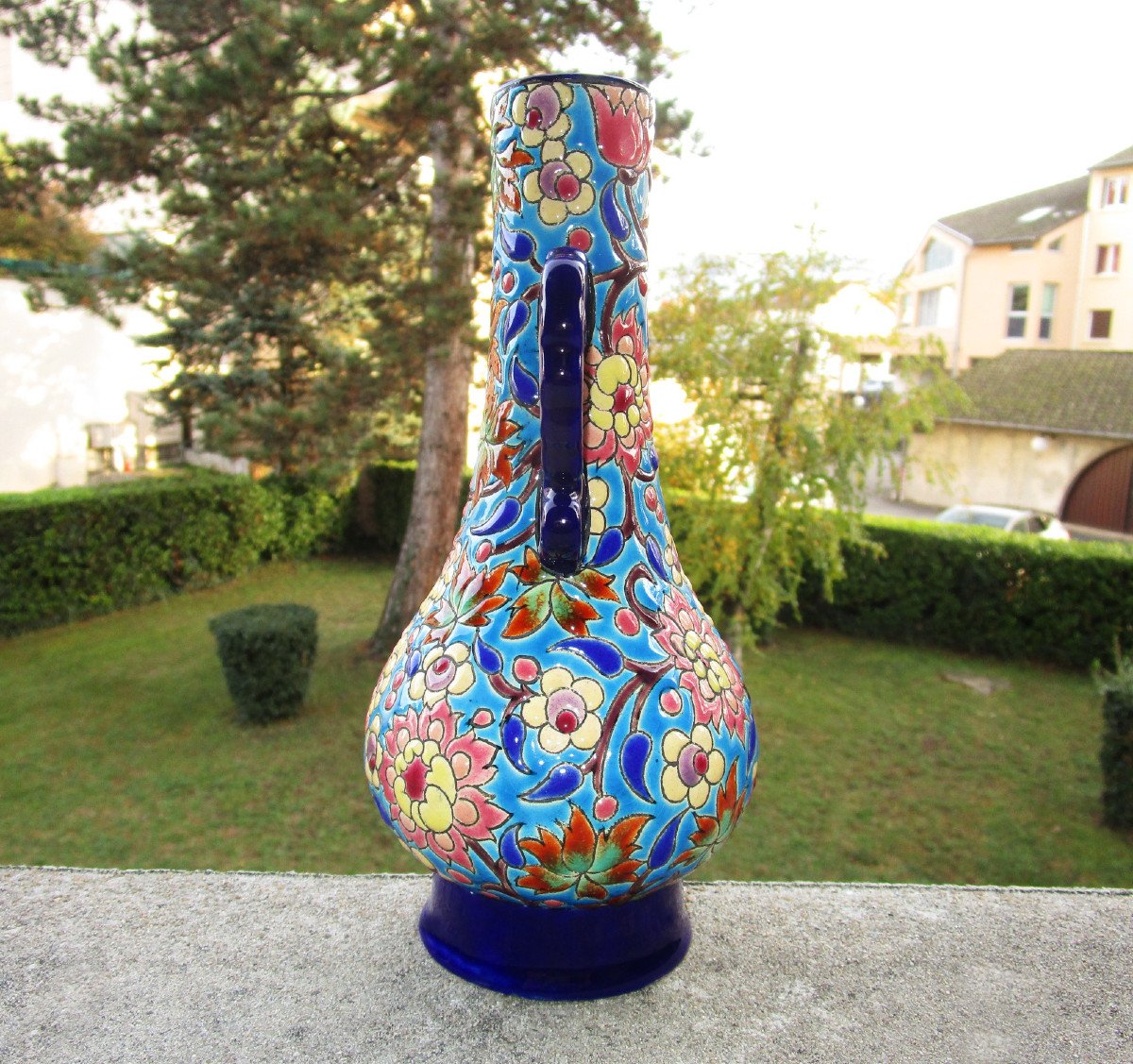 Ancien Superbe Vase à Anses En émaux De Longwy.  Hauteur : 21,5 Cm.-photo-1