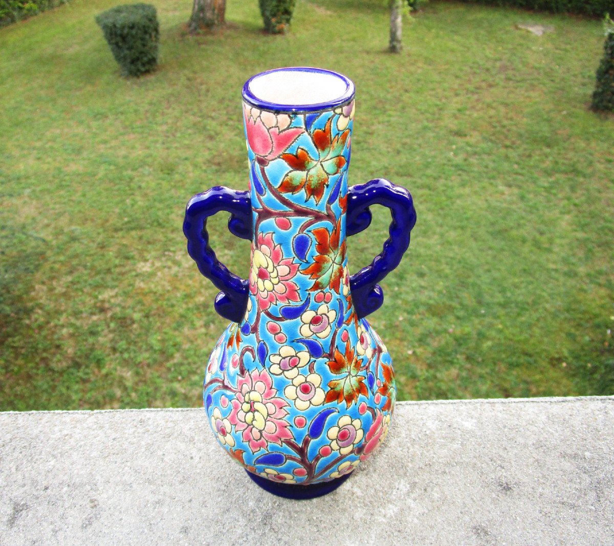 Ancien Superbe Vase à Anses En émaux De Longwy.  Hauteur : 21,5 Cm.