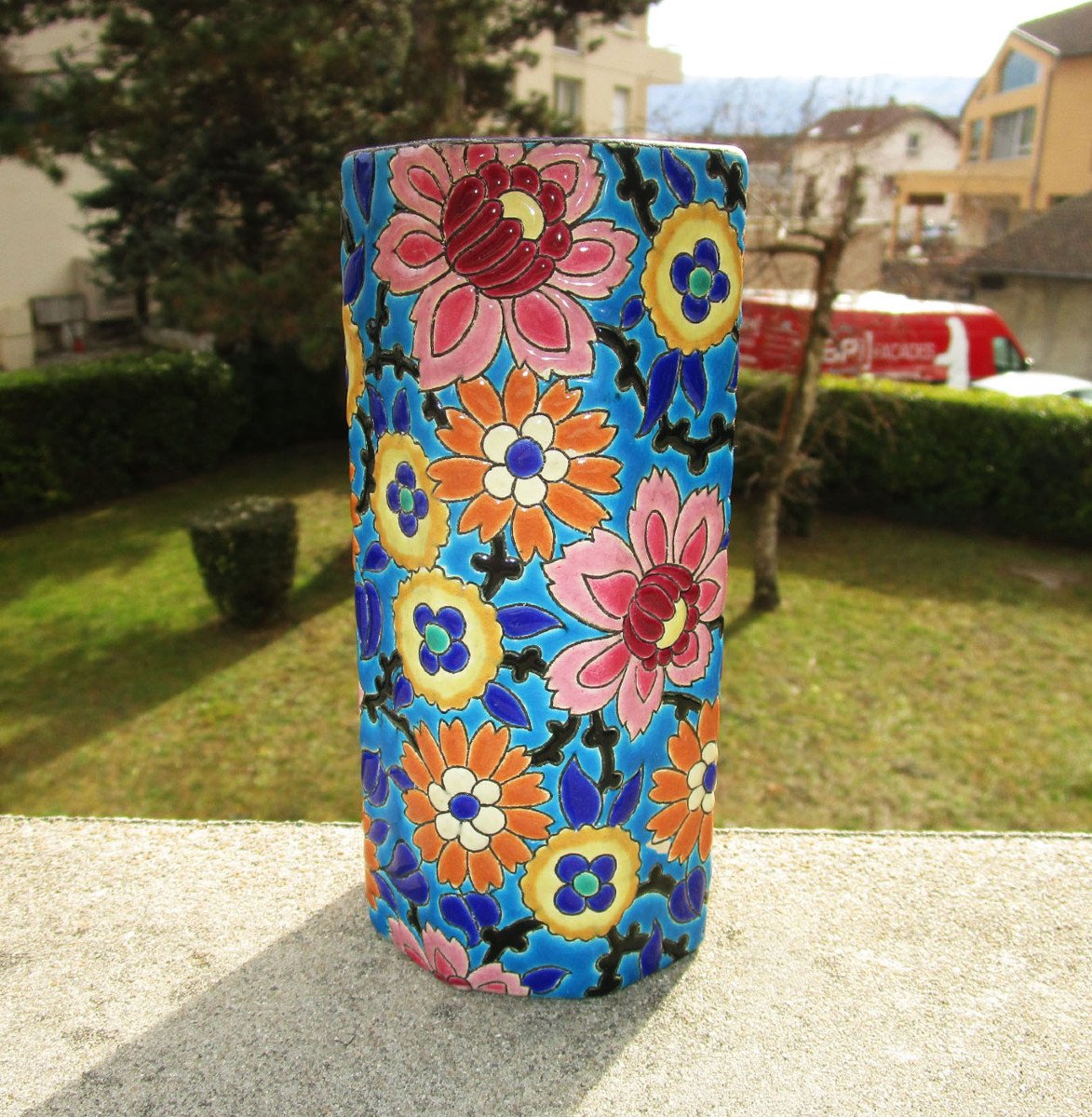 Emaux De Longwy Old Very Beautiful Roller Vase In Perfect State Of Preservation Height: 16.2 Cm-photo-2