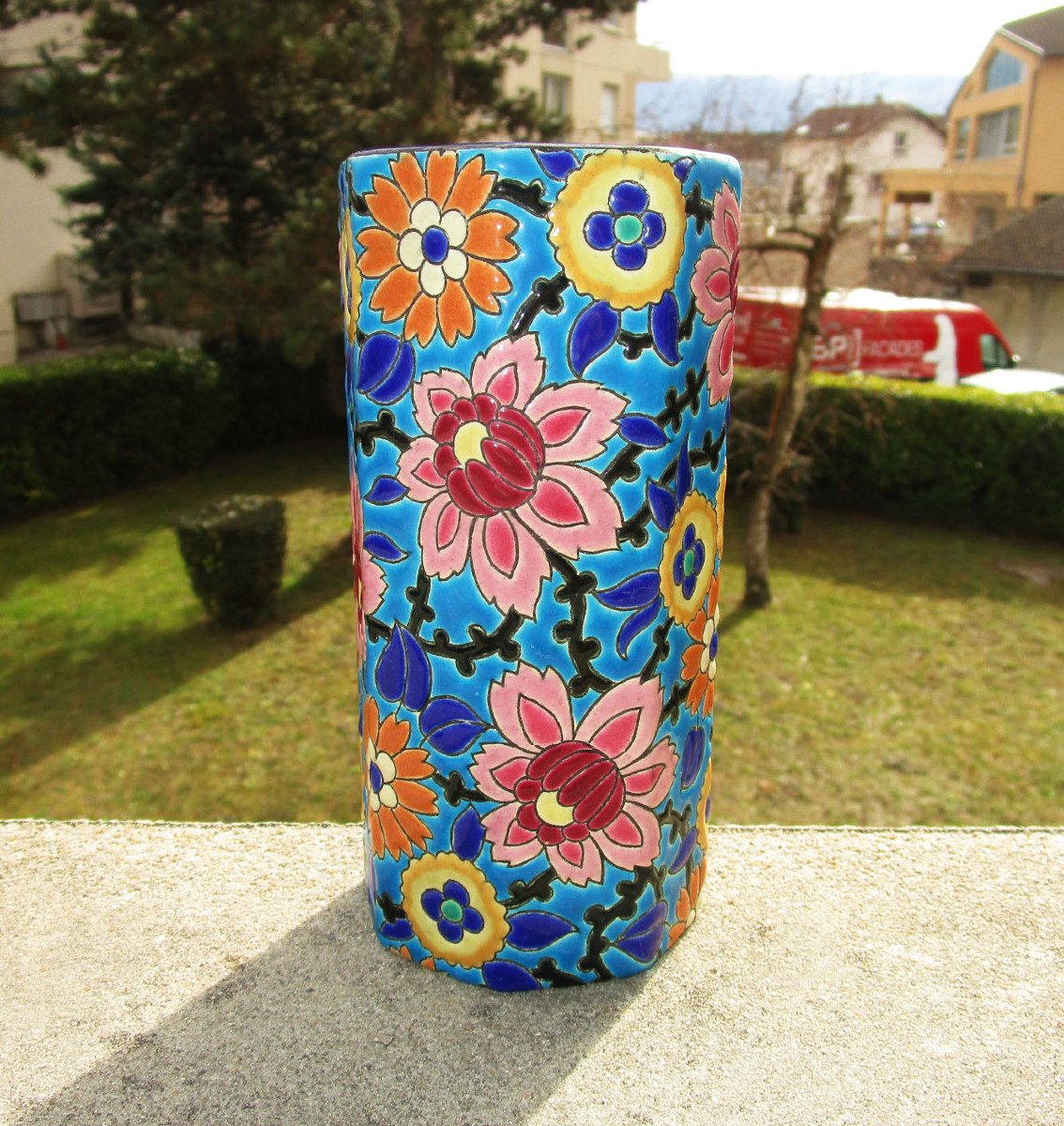 Emaux De Longwy Old Very Beautiful Roller Vase In Perfect State Of Preservation Height: 16.2 Cm-photo-3