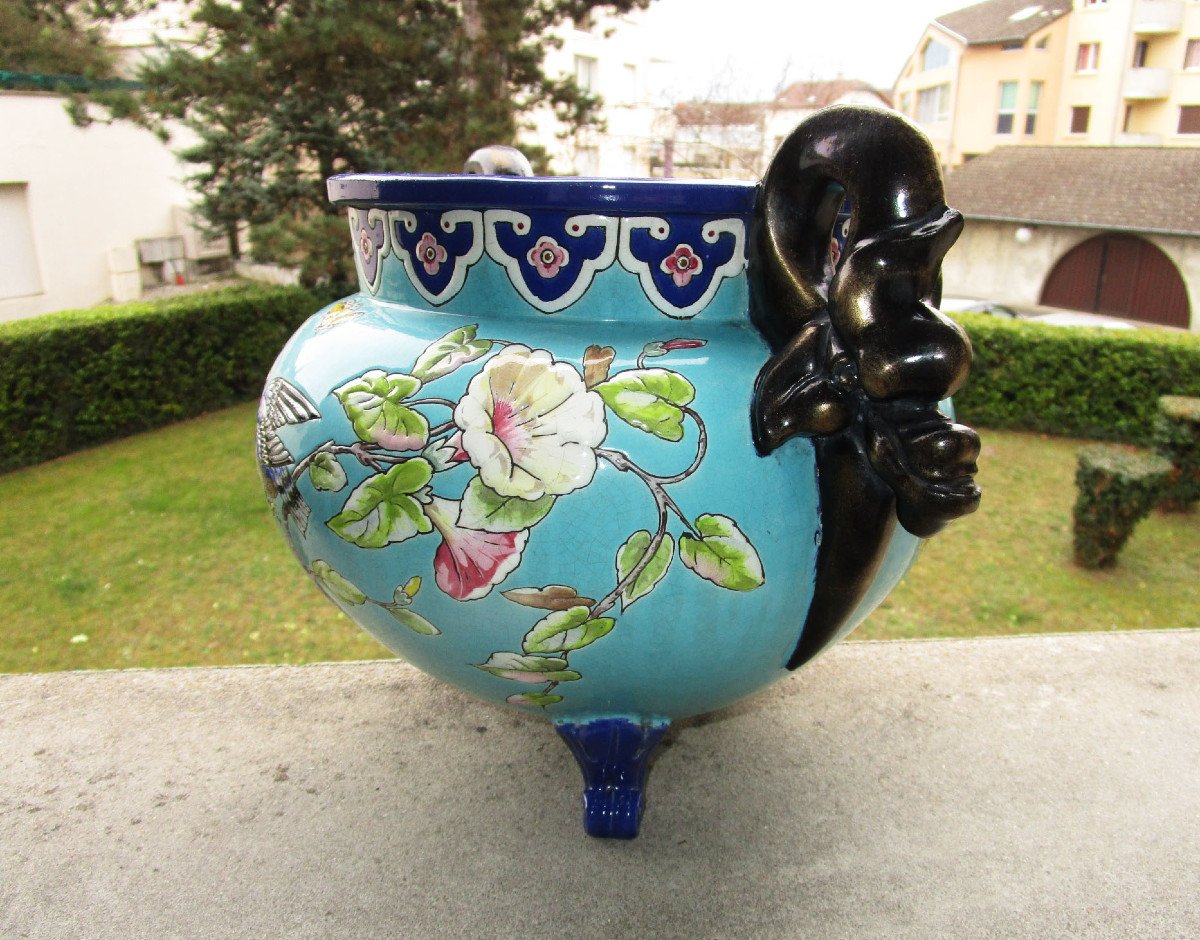 Superb Large XIXth Cachepot In Enamelled Earthenware Attributed To Eugène Collinot Or Edouard Gilles-photo-1