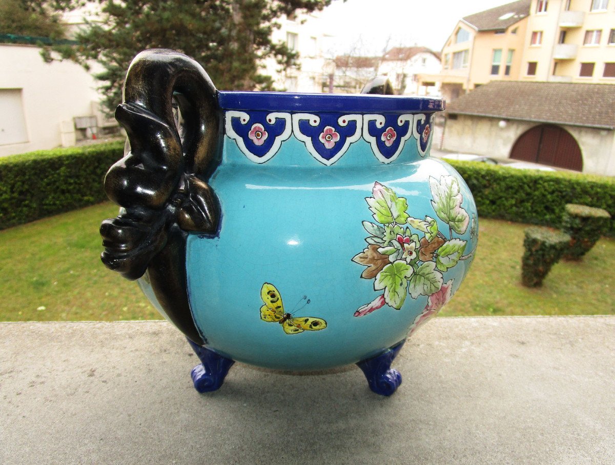 Superb Large XIXth Cachepot In Enamelled Earthenware Attributed To Eugène Collinot Or Edouard Gilles-photo-2