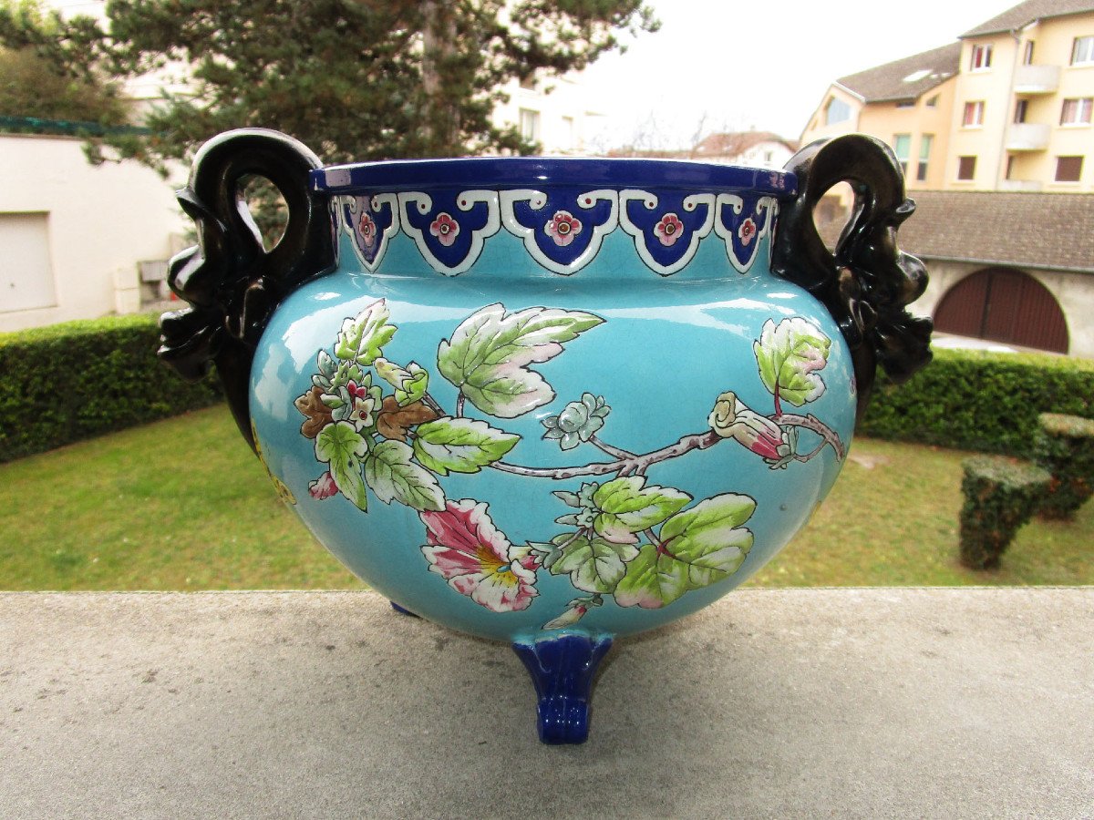 Superb Large XIXth Cachepot In Enamelled Earthenware Attributed To Eugène Collinot Or Edouard Gilles-photo-3