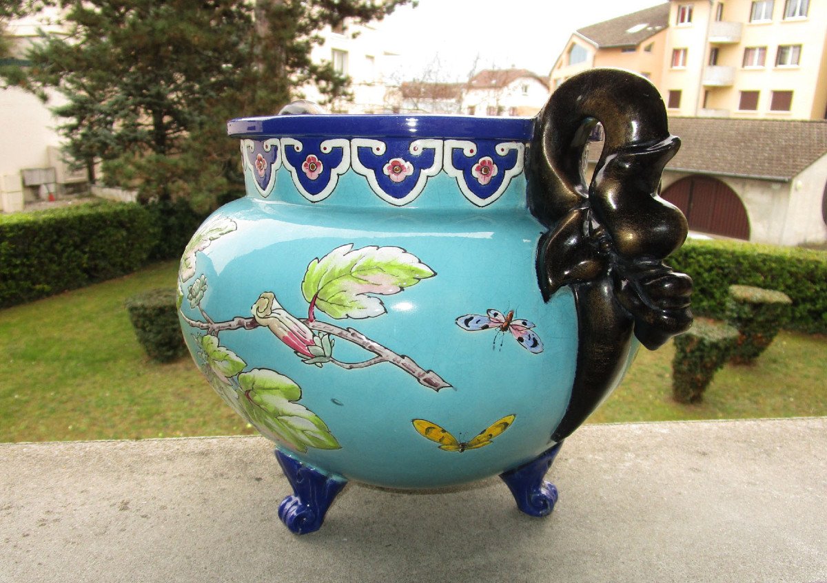 Superb Large XIXth Cachepot In Enamelled Earthenware Attributed To Eugène Collinot Or Edouard Gilles-photo-5