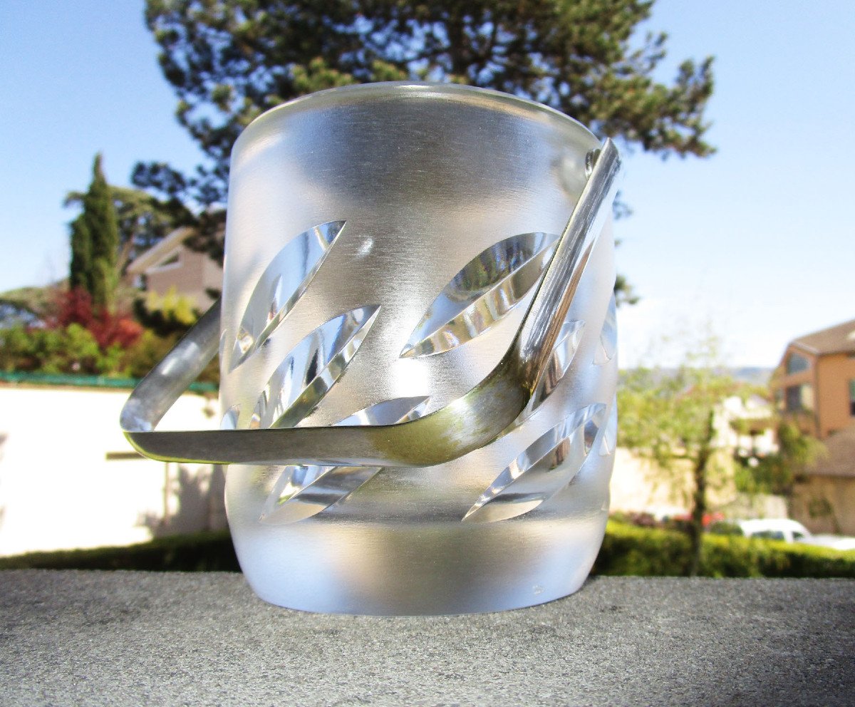 Very Beautiful Small Ice Bucket Or Ice Bucket, Crystal And Silver Metal, Lalique France Model Artois-photo-6