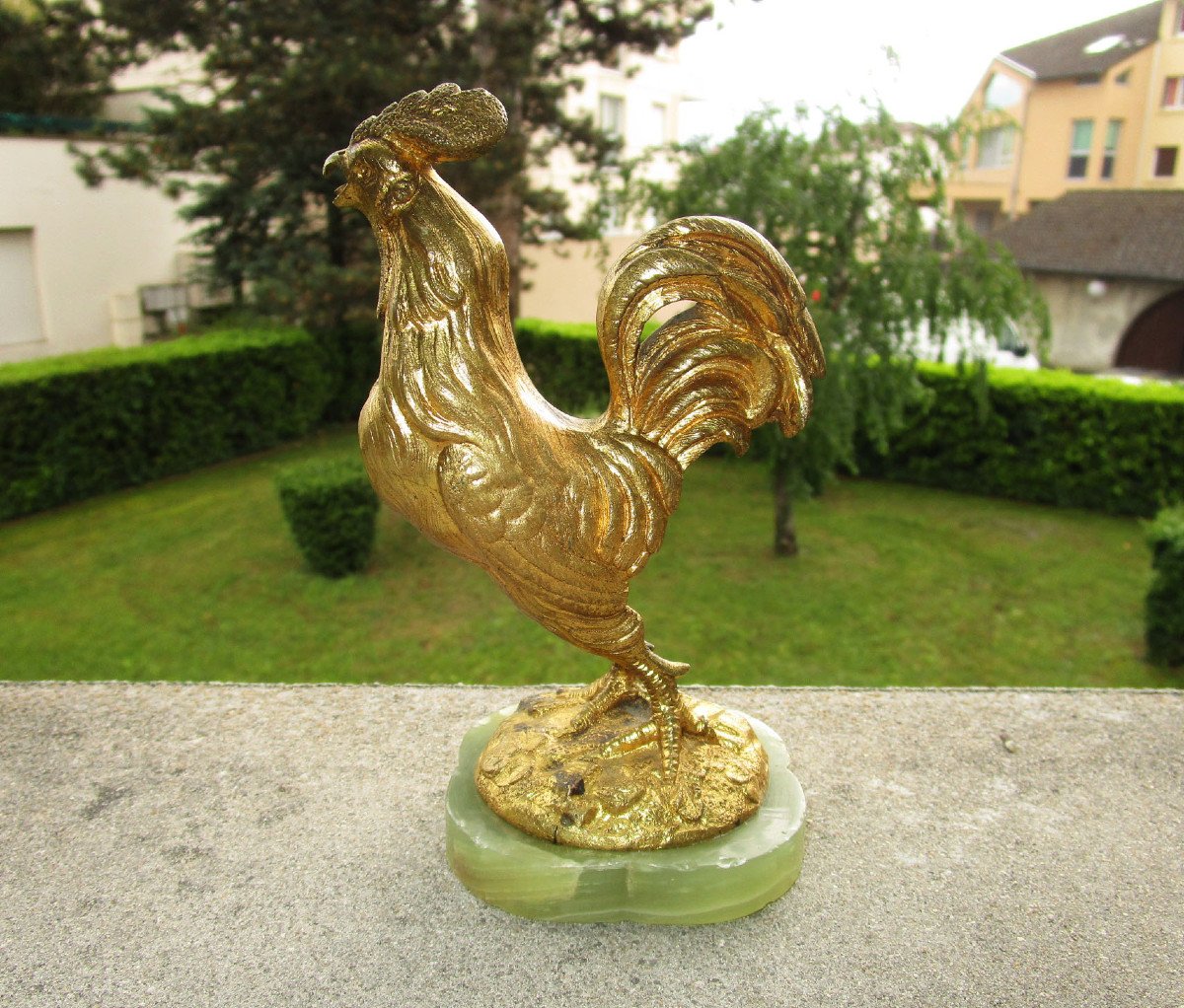 Ancien Très Beau Coq En Bronze Doré XIXe Sur Son Socle En Onyx Vert Hauteur : 15,5 Cm.-photo-3