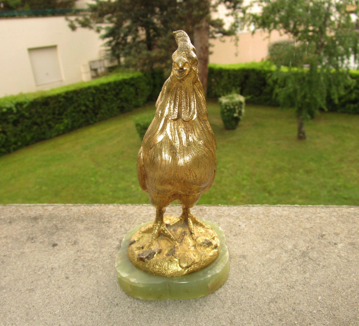 Ancien Très Beau Coq En Bronze Doré XIXe Sur Son Socle En Onyx Vert Hauteur : 15,5 Cm.-photo-4