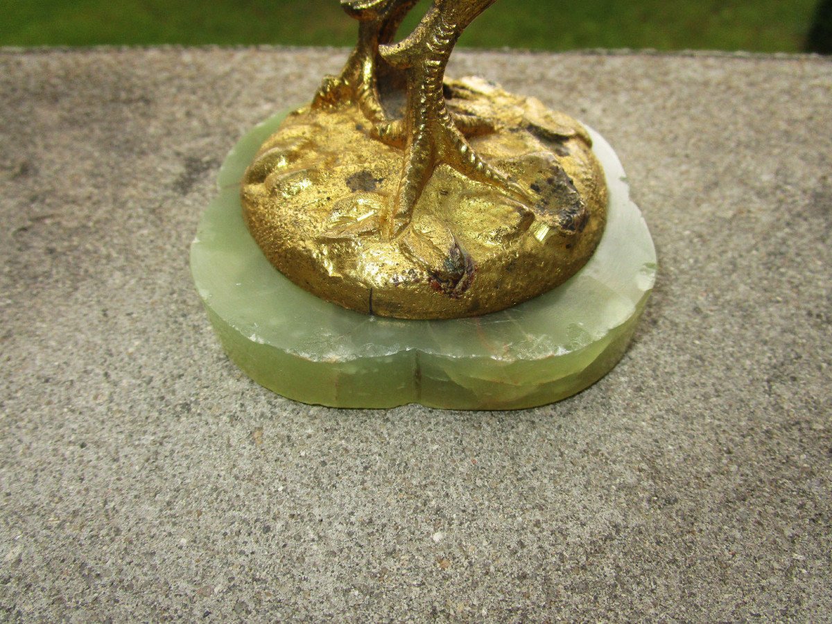 Ancien Très Beau Coq En Bronze Doré XIXe Sur Son Socle En Onyx Vert Hauteur : 15,5 Cm.-photo-6