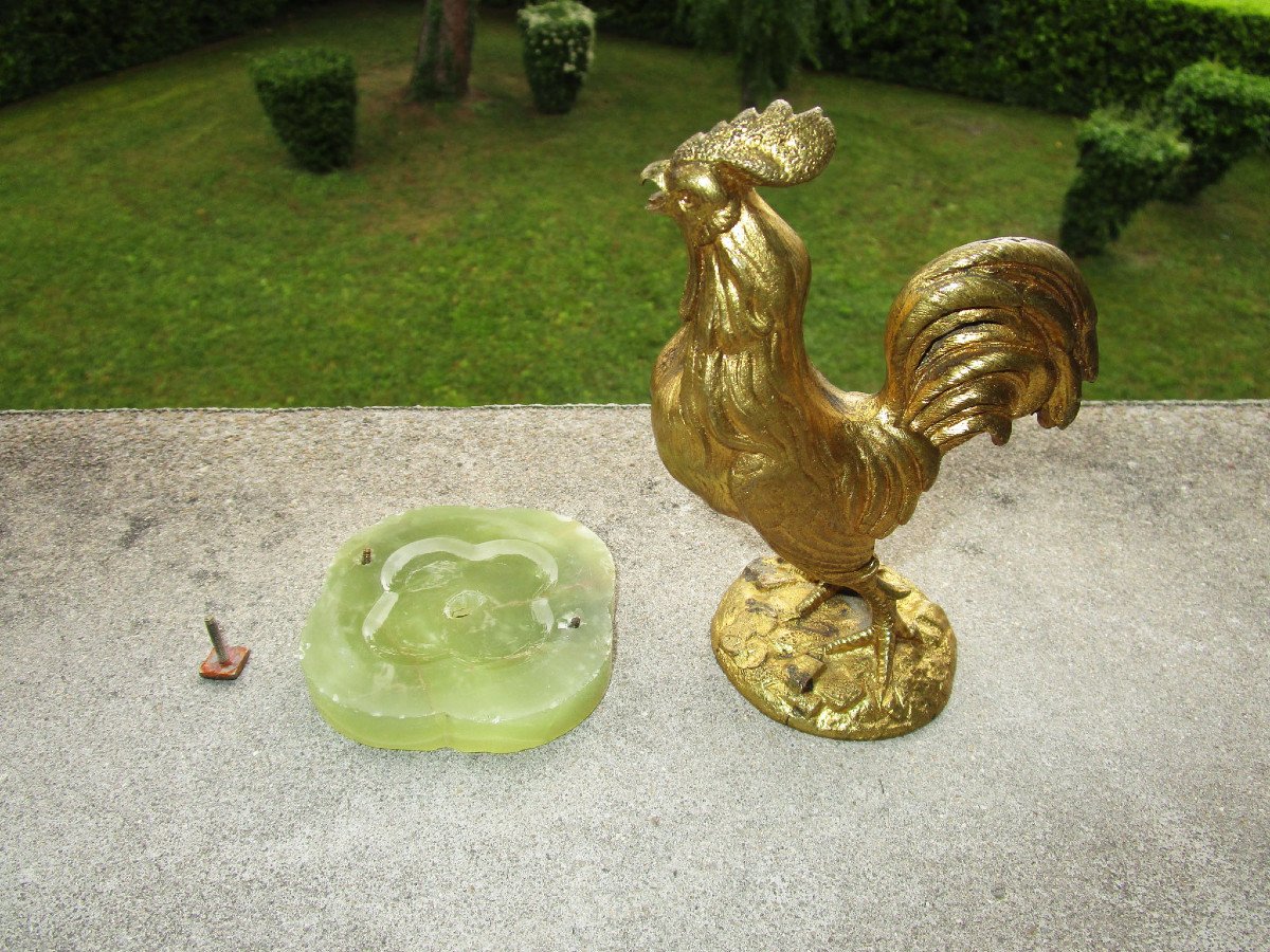 Ancien Très Beau Coq En Bronze Doré XIXe Sur Son Socle En Onyx Vert Hauteur : 15,5 Cm.-photo-7