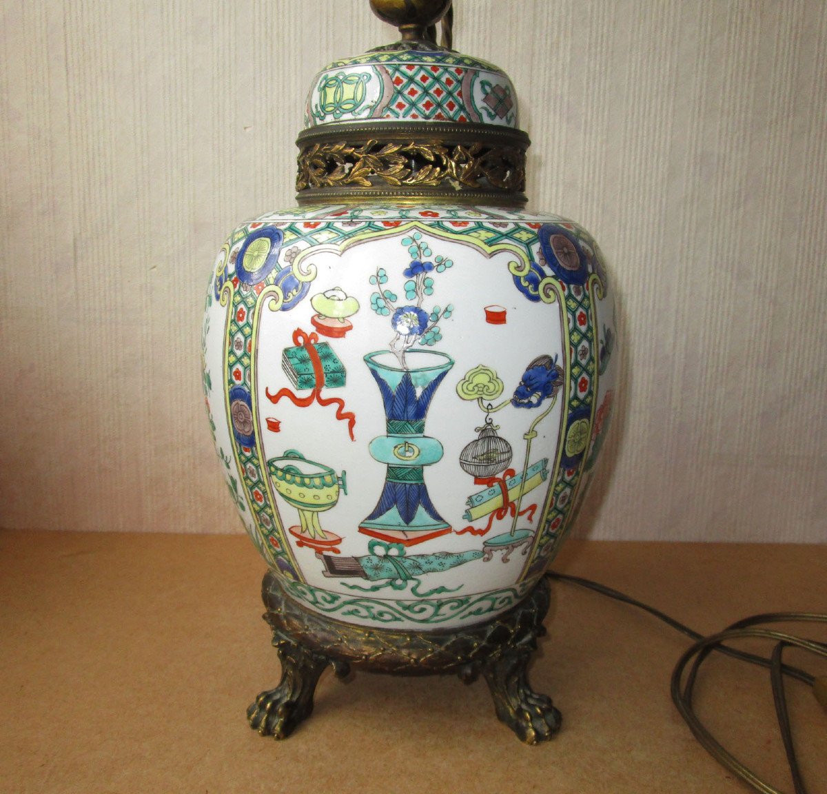 Samson Paris Pot Couvert En Porcelaine d'époque XIXe Montée En Lampe Chine Famille Verte-photo-1