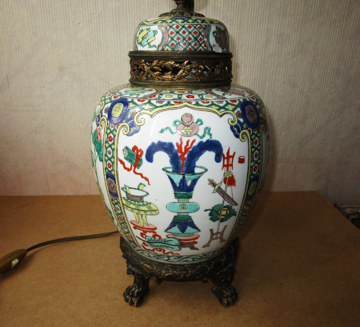 Samson Paris Pot Couvert En Porcelaine d'époque XIXe Montée En Lampe Chine Famille Verte-photo-3