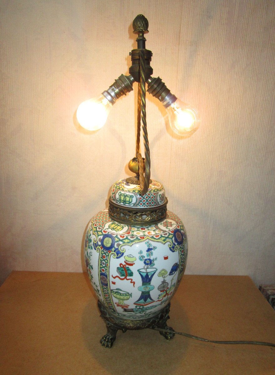 Samson Paris Pot Couvert En Porcelaine d'époque XIXe Montée En Lampe Chine Famille Verte