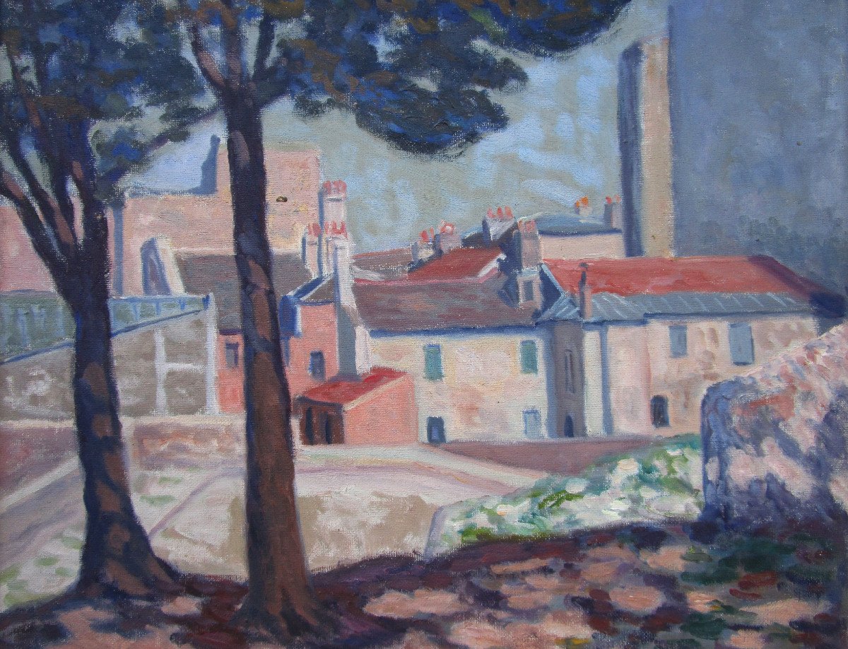 Tableau Signé Huile Sur Panneau Paris Montmartre Impasse Trainée Rue Poulbot Cadre 1940-photo-3
