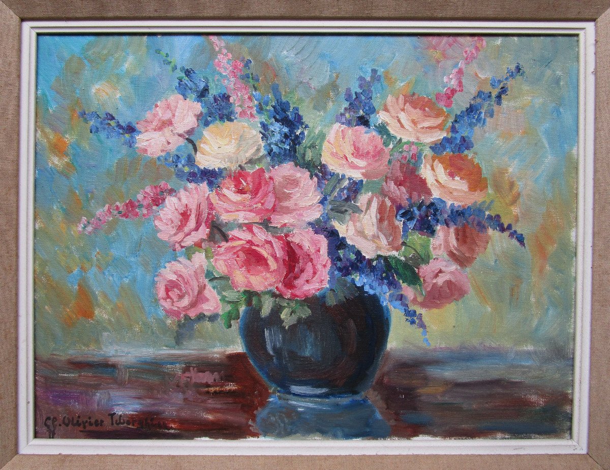 Superb Painting Bouquet Of Pink Flowers Claire Olivier Tiberghien 1940 Tourcoing Roubaix Lille-photo-2