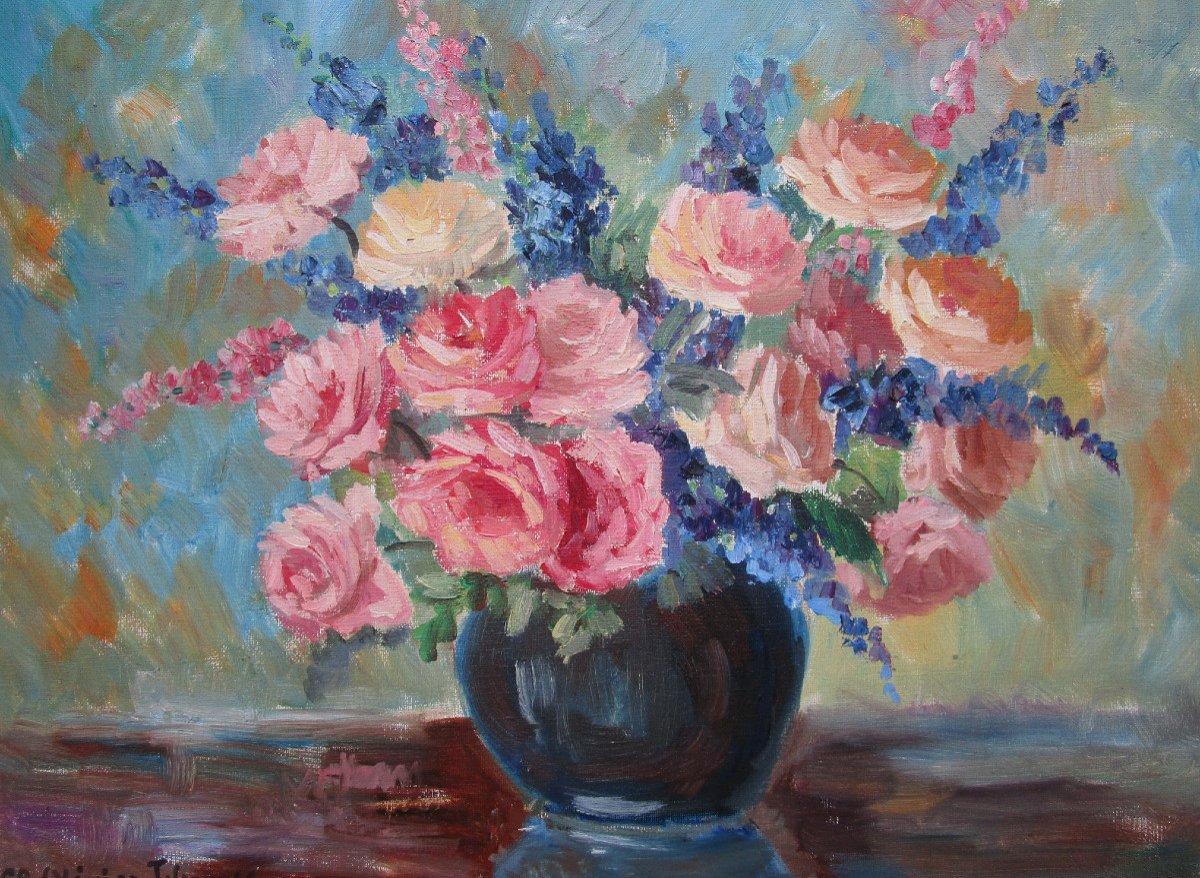 Superb Painting Bouquet Of Pink Flowers Claire Olivier Tiberghien 1940 Tourcoing Roubaix Lille-photo-3
