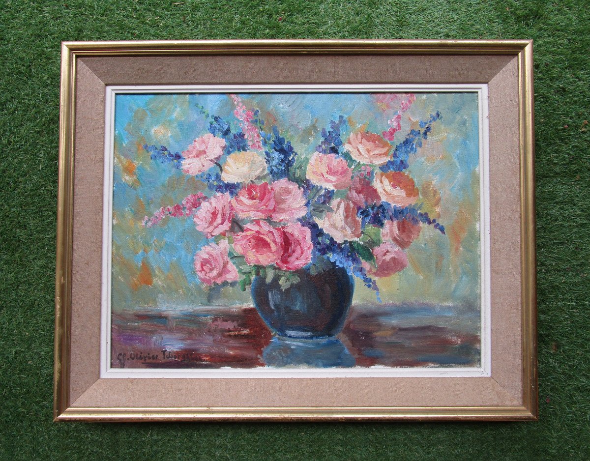 Superb Painting Bouquet Of Pink Flowers Claire Olivier Tiberghien 1940 Tourcoing Roubaix Lille
