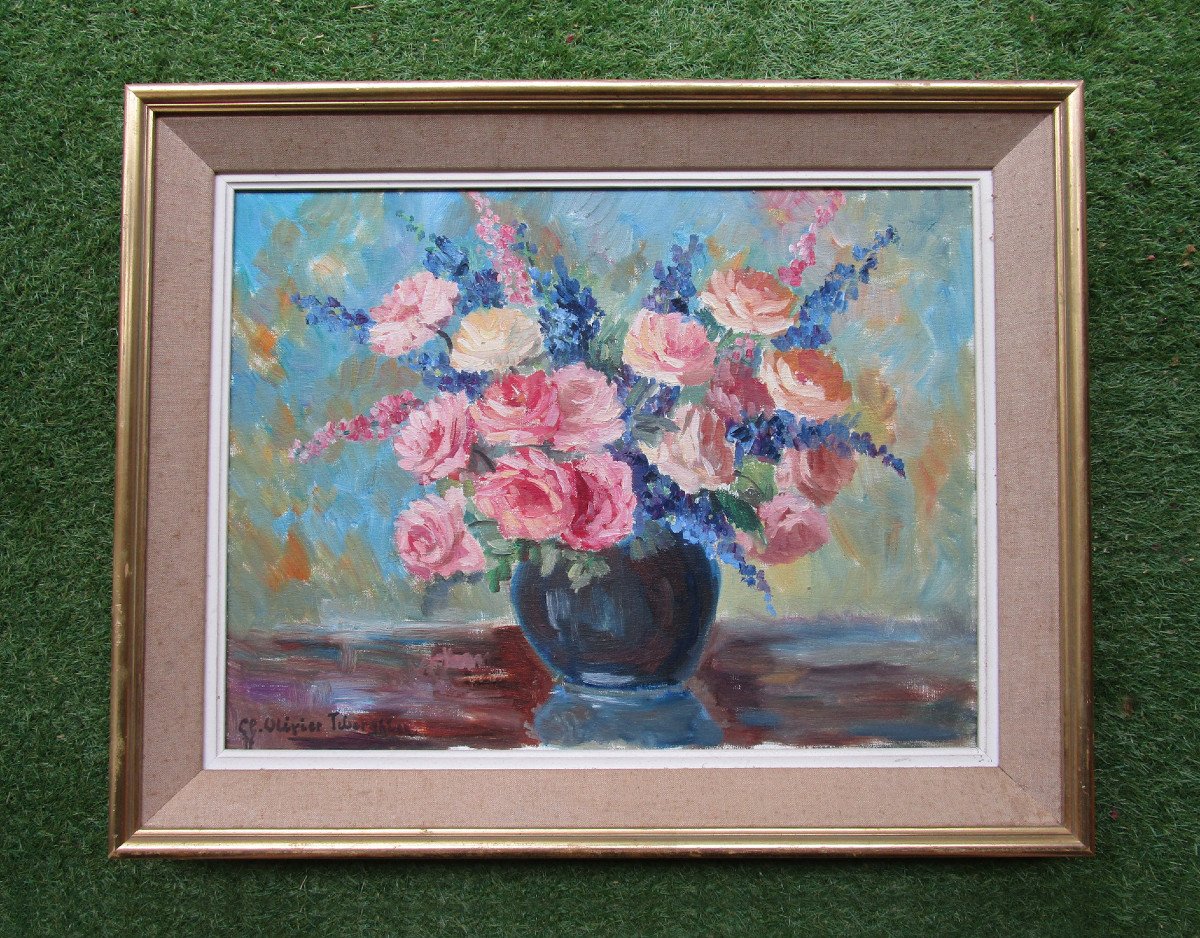 Superbe Tableau Bouquet De Fleurs Roses Claire Olivier Tiberghien 1940 Tourcoing Roubaix Lille