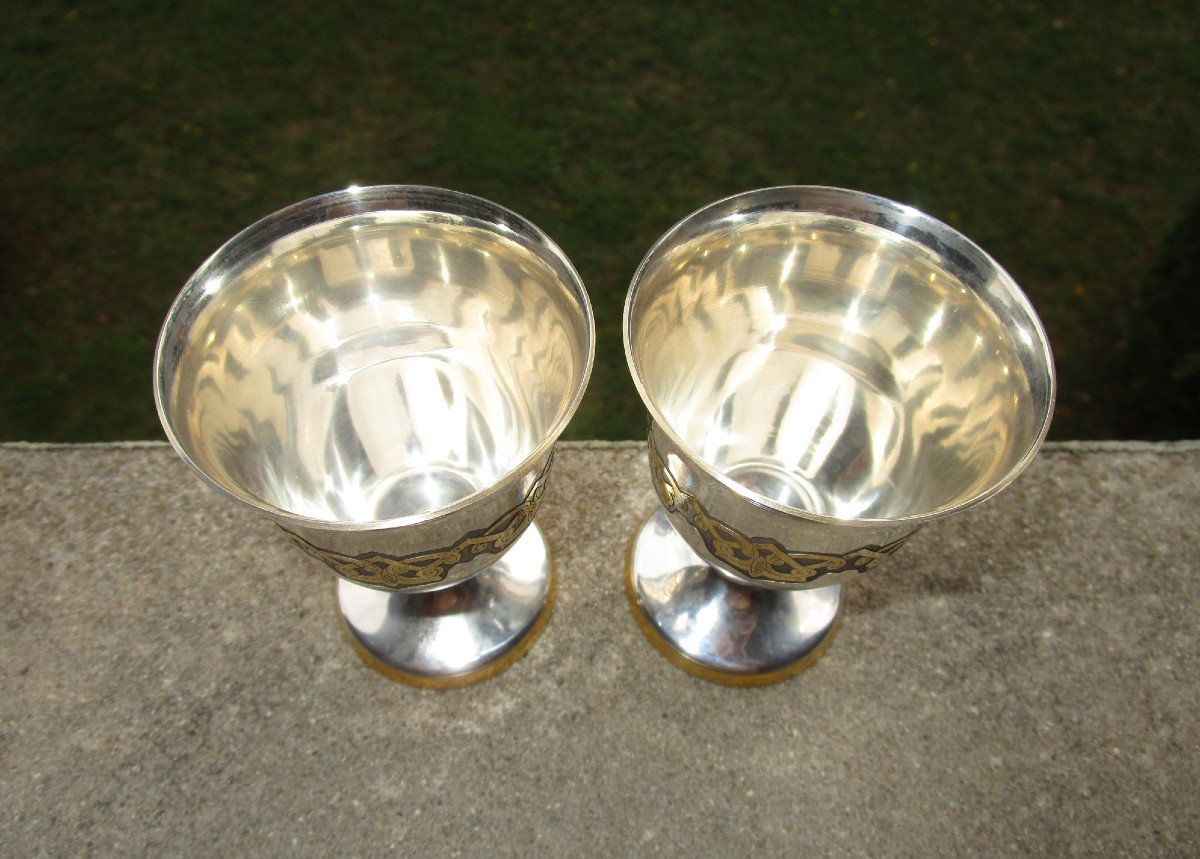 Superbe rare Paire De Verres Calices En Argent Massif Et Vermeil 925 Origine Russe Russie.-photo-2