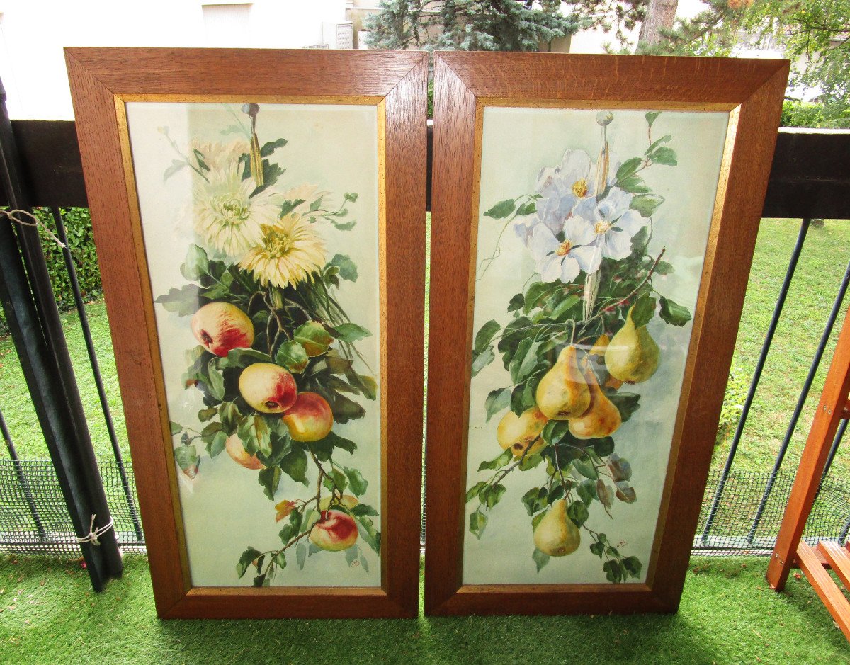 Très Belle Paire De Grandes Aquarelles Nature Morte Aux Fruits Tableau Art Nouveau Aquarelle.-photo-2