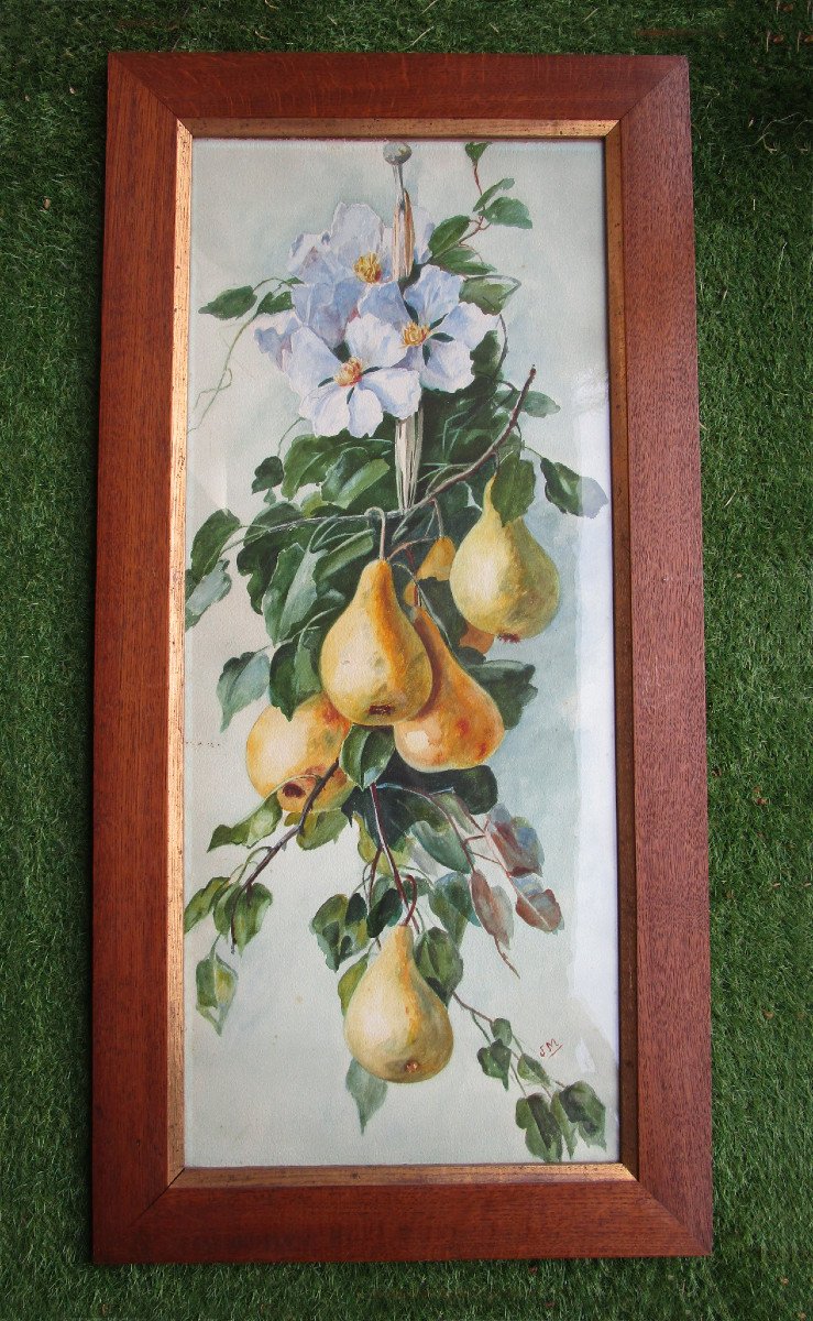 Très Belle Paire De Grandes Aquarelles Nature Morte Aux Fruits Tableau Art Nouveau Aquarelle.-photo-3