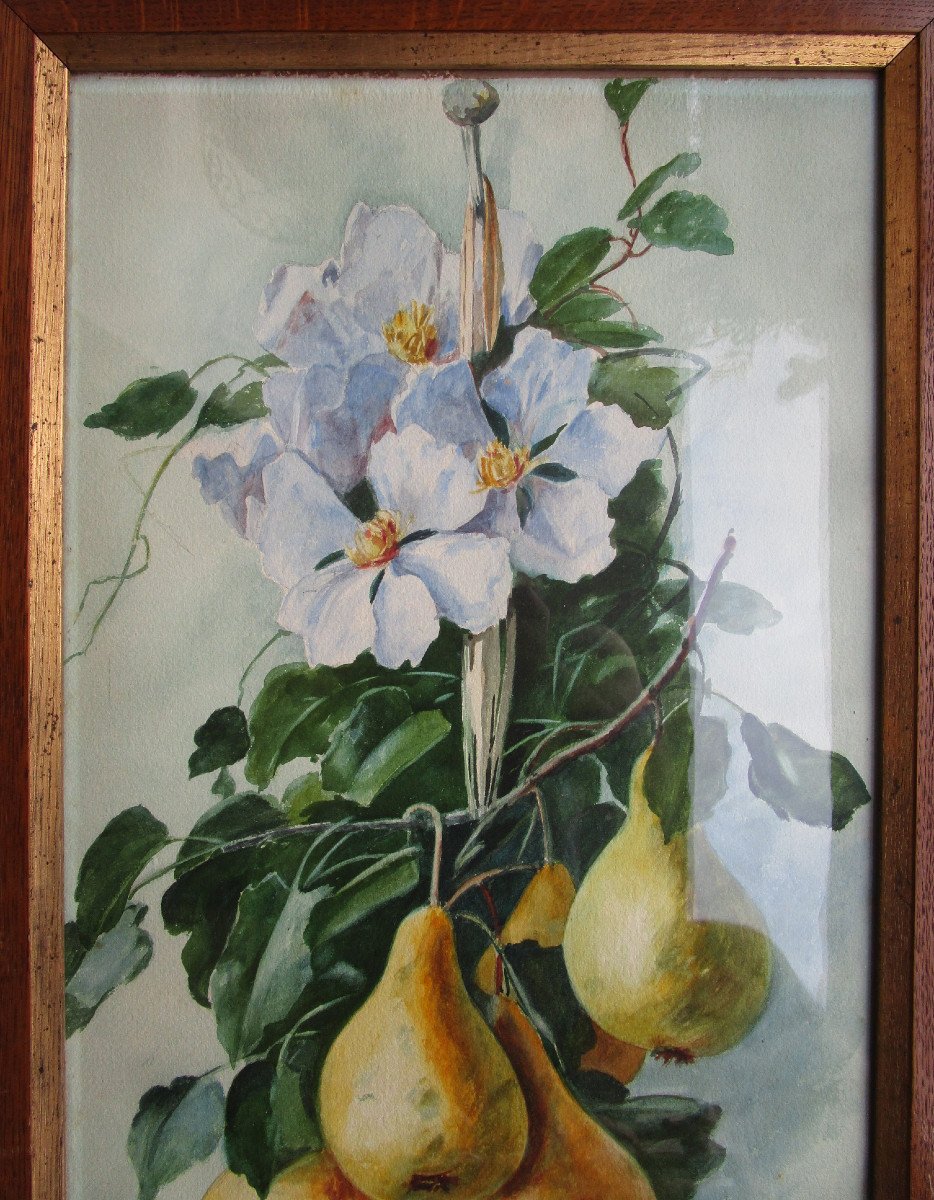 Très Belle Paire De Grandes Aquarelles Nature Morte Aux Fruits Tableau Art Nouveau Aquarelle.-photo-4