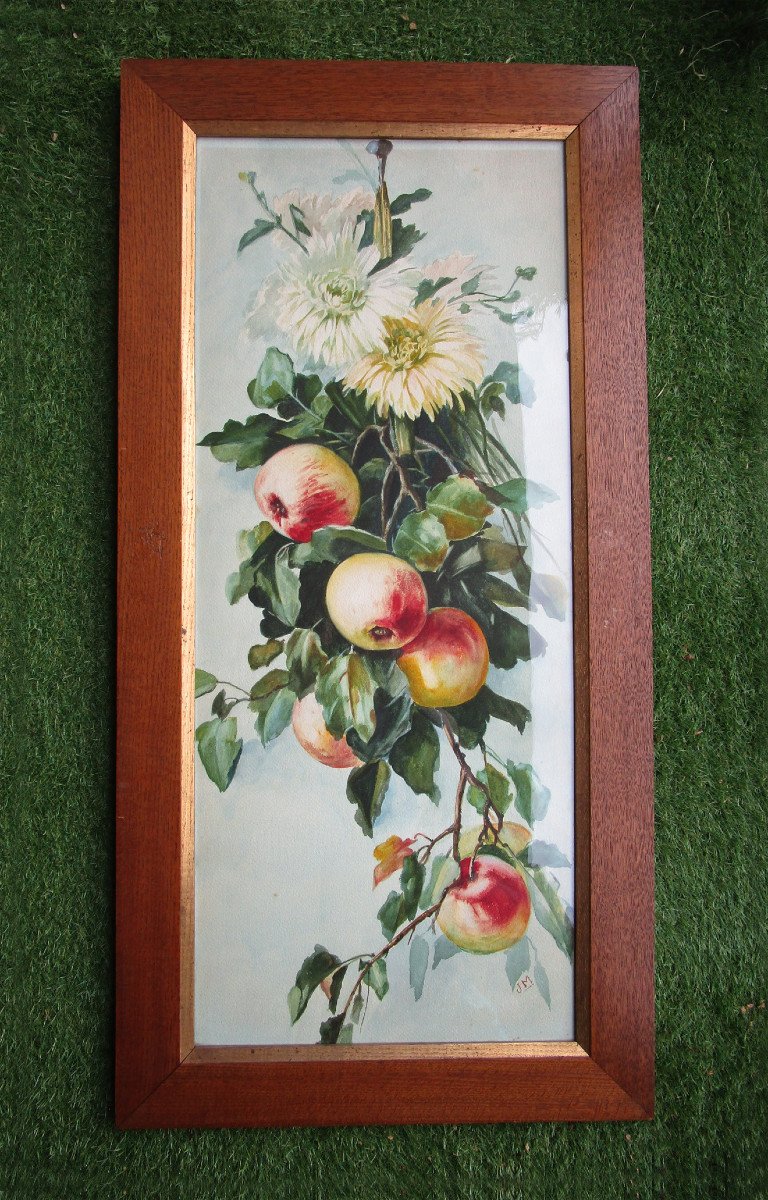 Très Belle Paire De Grandes Aquarelles Nature Morte Aux Fruits Tableau Art Nouveau Aquarelle.-photo-3