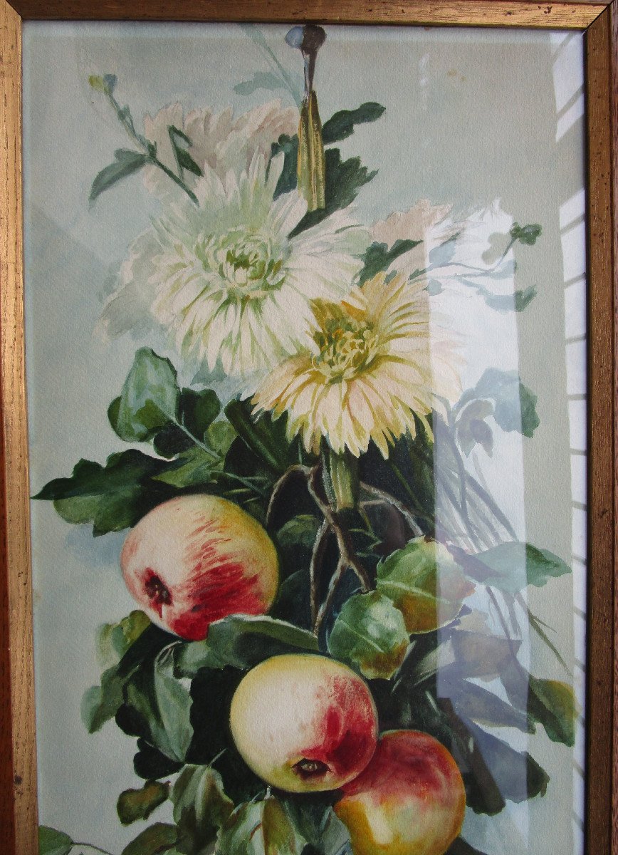 Très Belle Paire De Grandes Aquarelles Nature Morte Aux Fruits Tableau Art Nouveau Aquarelle.-photo-4