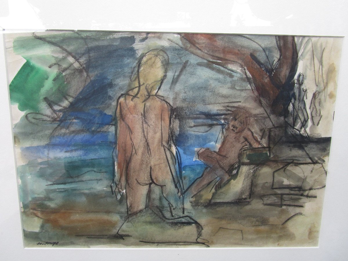 Aquarelle Signée Bob Ten Hoope Femme Nue De Dos Pont en Royans Vercors beau Tableau Nu Féminin-photo-3