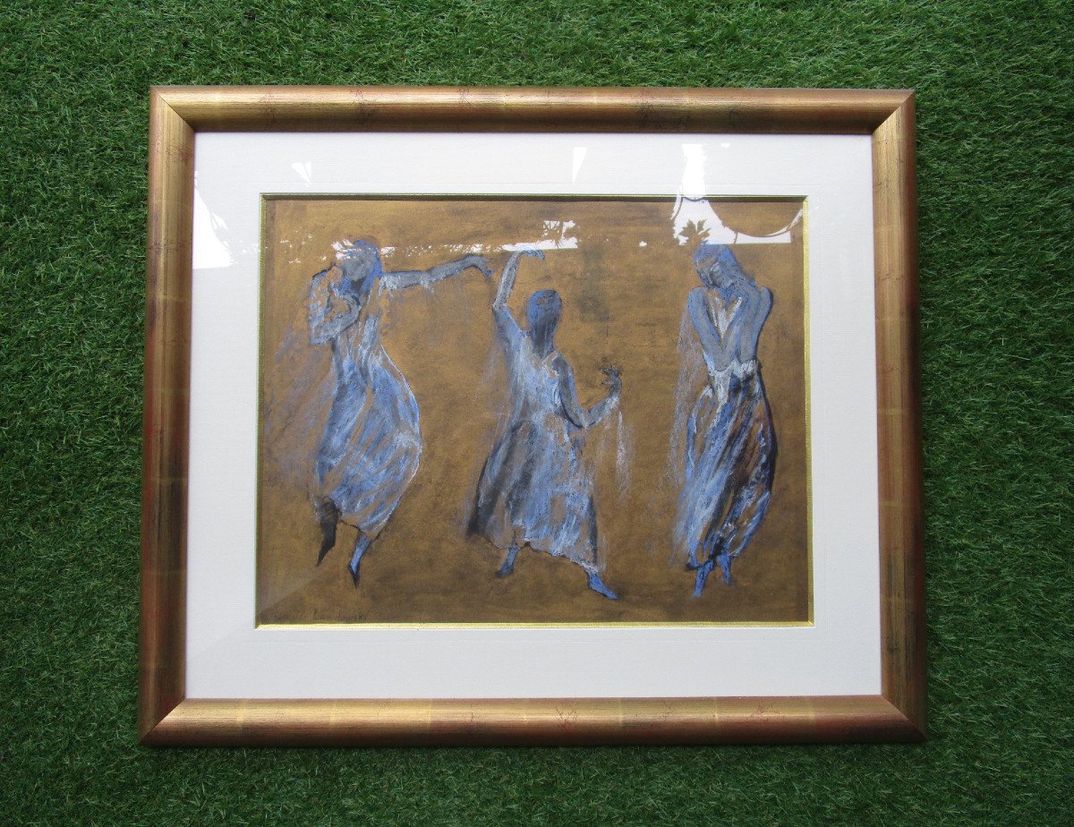 Françoise Landowski, Danseuses Très Beau pastel Tableau Signé Dans Son Cadre Doré à La Feuille d'Or-photo-2