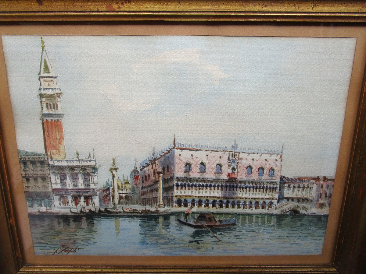 Très belle aquarelle fin XIXe encadrée sous vitre et signée, à identifier, tableau ancien Venise.-photo-3
