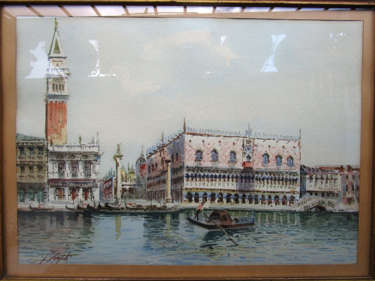 Très belle aquarelle fin XIXe encadrée sous vitre et signée, à identifier, tableau ancien Venise.-photo-4