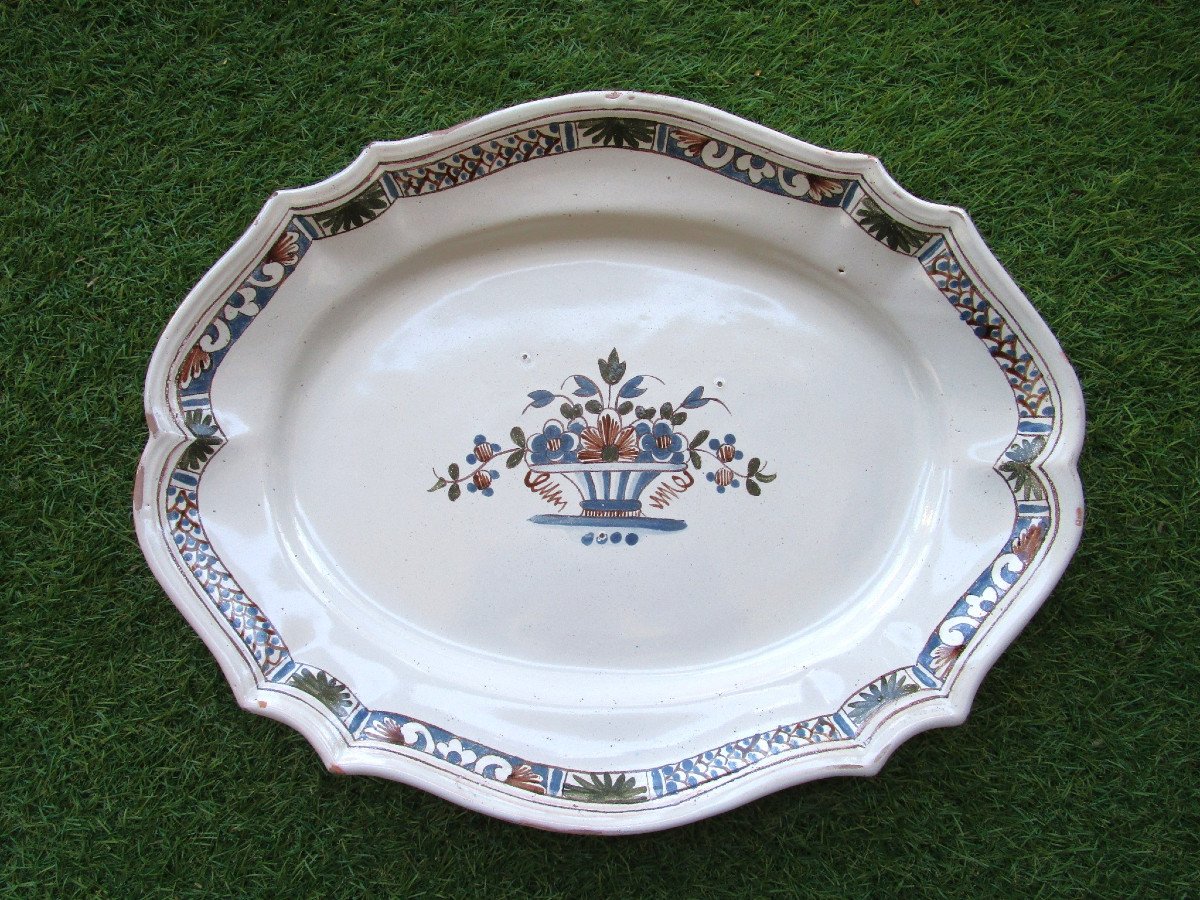 Beautiful 18th Century Rouen Earthenware Dish, Flowered Basket Decor, In Very Good Condition.