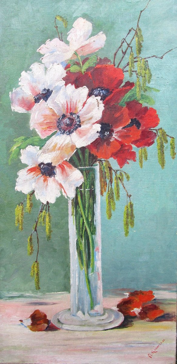 Antique Very Beautiful Signed Painting, Bouquet Of Flowers, Poppies, Poppies, Art Nouveau, 1908.-photo-2